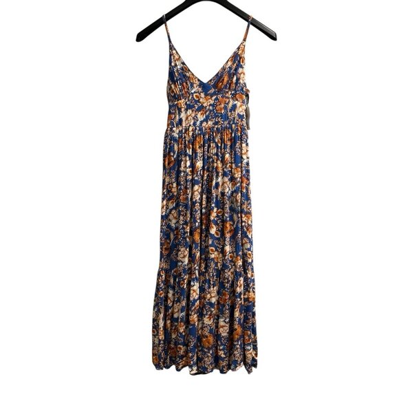 Japna Dress Womens XS Blue Floral Maxi Babydoll Tie Back Tiered Boho Hippie - Picture 1 of 11